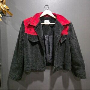 Vintage Red Black Crop Lined Leather Horse Trim Fleece Jacket Sz M WESTERN